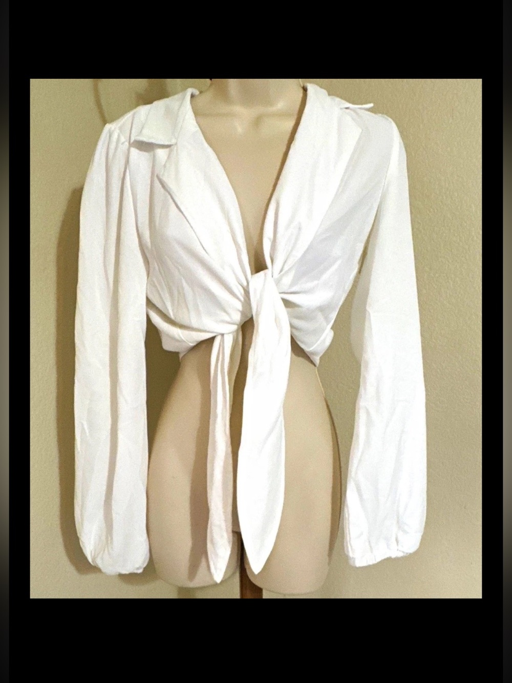 Women’s White Solid Collared Long Sleeve Tie Front Cropped Blouse Regular